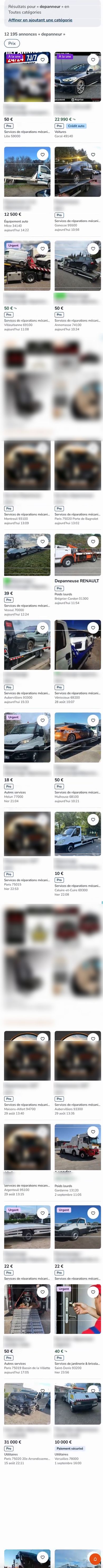 Défilement d’annonces de dépanneurs sur un site de petites annonces, titres et publicités floutés